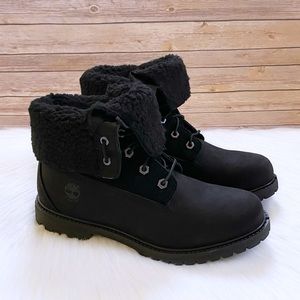 Timberland Women’s Authentics Teddy Fleece Waterproof Fold Down Black Boots